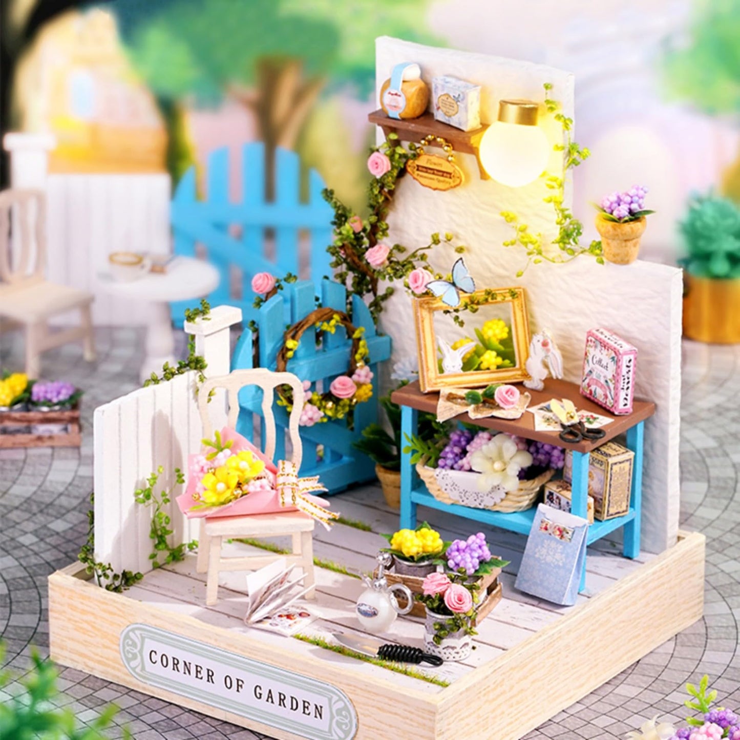 OZJAY DIY Miniature House Kit with Dust Proof Cover, 1:24 Scale Creative Room Mini DIY Wooden Dollhouse Miniature Kit for Adults Teen, Corner Garden