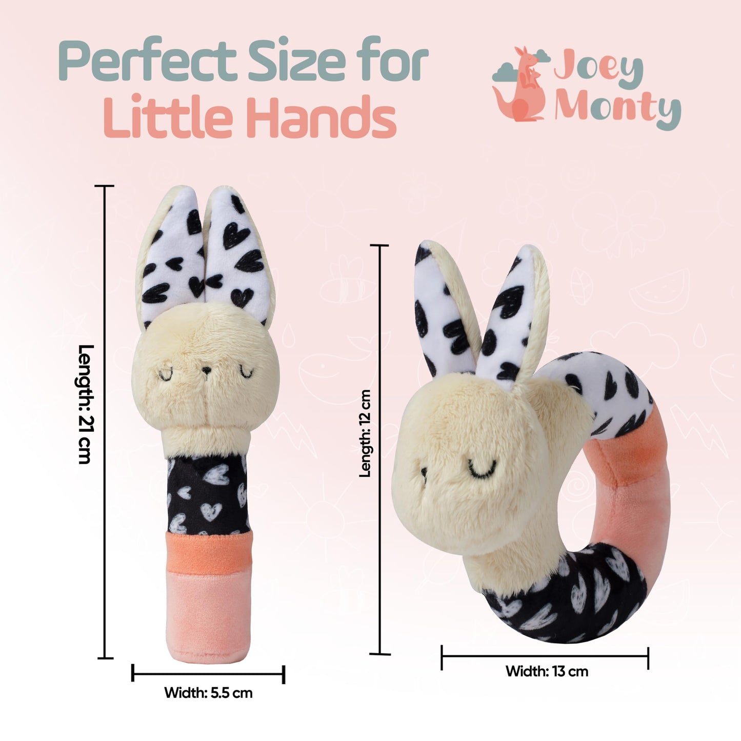 Bella Bunny Baby Rattle Toys - Rattles for Babies 0-6 Months High Contrast Baby Toys for Newborn Gifts - Ultra-Soft Sensory Toy Stick and Circle Baby Rattles 0-6 Months (2-Pack)