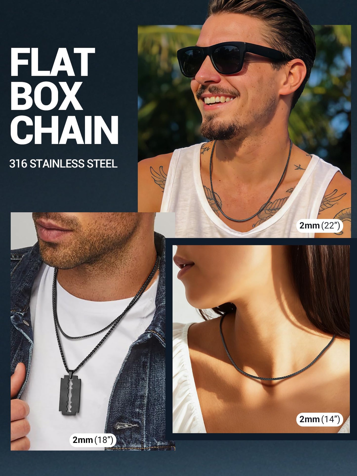 PROSTEEL Mens Black Necklace 2mm Thin Black Necklace Durable Waterproof Minimalist Gothic Jewelry