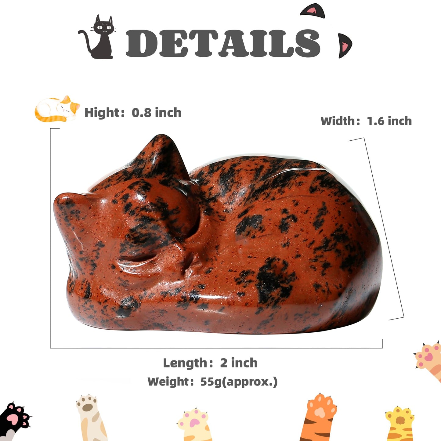 YATOJUZI 2" Cat Decors Statue Red Obsidian Crystals Sleeping Cats Gemstone Hand-Carved Cute Animal Statues Figurine Stones Room Home Office Desk Decor Lucky Reiki Kitten Ornaments Gifts for Women Men