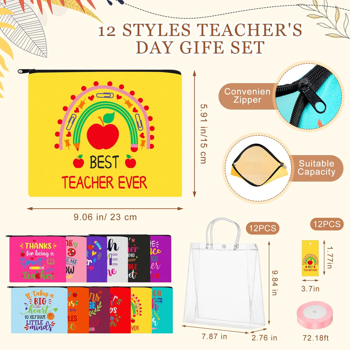 Pickmesh 12 Sets/61Pcs Teacher Appreciation Gifts for Women, Teachers Socks, 16oz Bright Coffee Cups, Canvas Makeup Bags, Clear Bag with Cards & Ribbon Thank You Gifts for Teacher Week Back to School