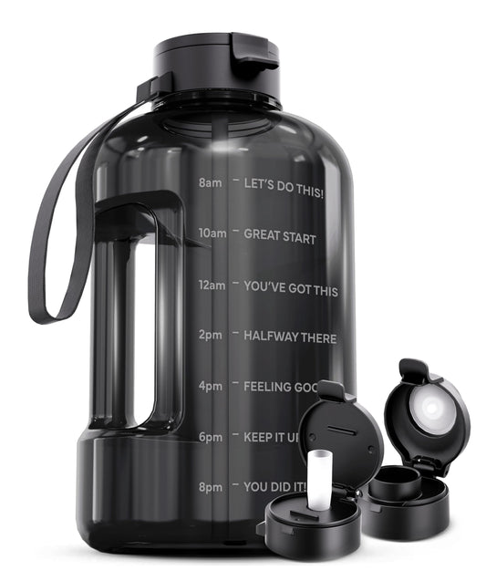 AQUAFIT 128 oz Water Bottle with Time Marker - Straw & Chug Lid - BPA Free 1 Gallon Gym Water Bottle with Handle - Big Gallon Jug (Gray, 128 Ounces)