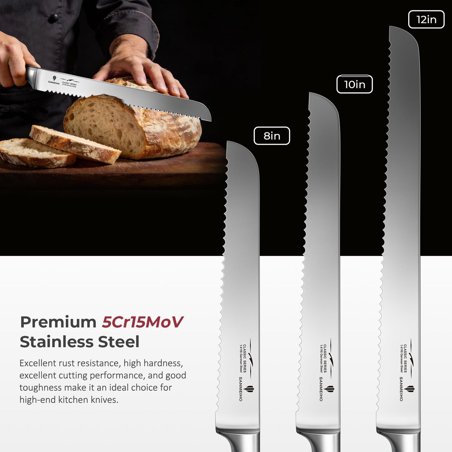 SANMEIHO 10" Bread Knife - Sourdough Slicing Knife Professional 5Cr15MoV Stainless Steel Serrated Knives, Ergonomic Wood Handle & Full Tang Design, Gift Box Included (Single-Edge