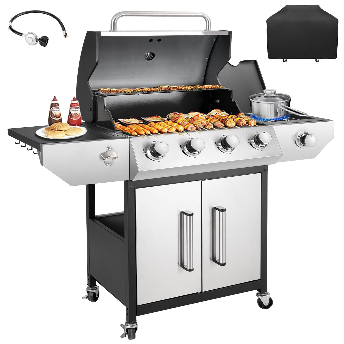 Kendane 4-Burner Propane Gas BBQ Grill with Side Burner, Barbecue Gas Grill with Enameled Cast Iron Grates for Outdoor Patio Garden Barbecue, 53,000 BTU, Stainless Steel Grill Cover included