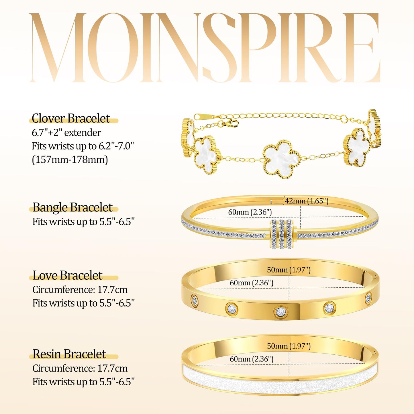 MOINSPIRE 18K Gold Plated Bracelets for Women, Stainless Steel Four Leaf Clover Tennis Nail Love Bangle Bracelets Set, Trendy Stackable Twist Cuff Bracelet Non Tarnish Jewelry Gifts for Christmas