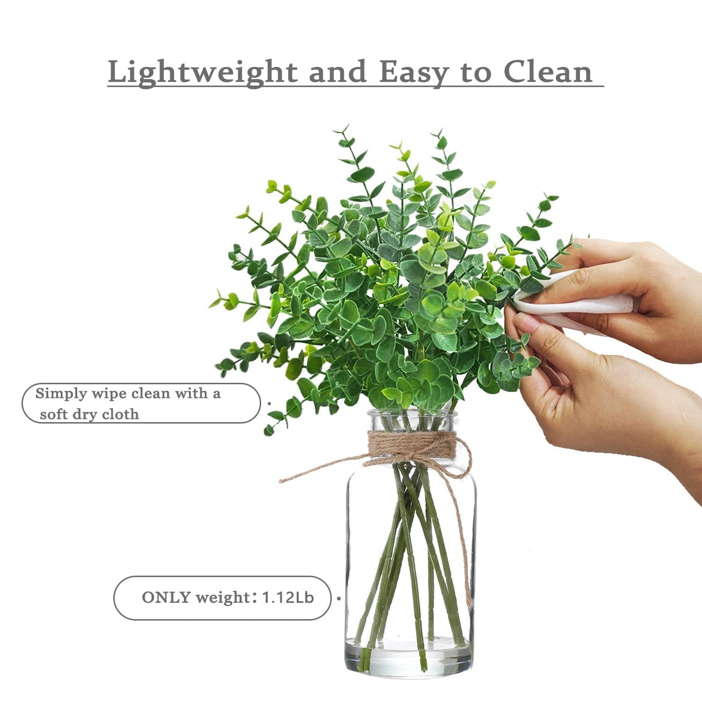 gonfaci Fake Eucalyptus Stems in Glass Vase with Faux Water, 14" Artificial Plants Eucalyptus Leaves for Shelf Desk Bathroom Farmhouse Room Coffee Table Home Decor (Sage Green)
