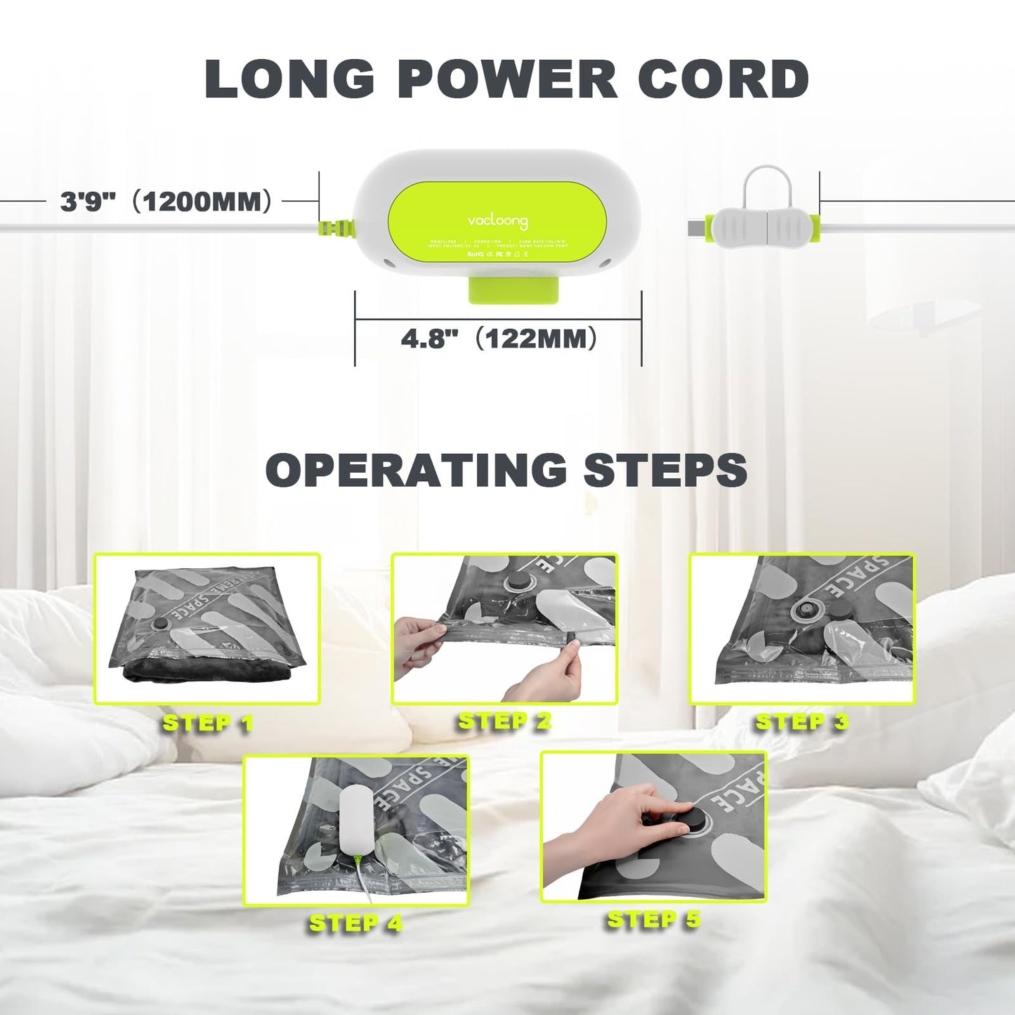 Vacloong Vacuum Storage Bags for Travel with Portable Electric Pump, 8 Packs Vacuum Seal Bags for Clothing with High Pressure Pump, Compression Packing Space Saver, Portable Travel Bags for Luggage