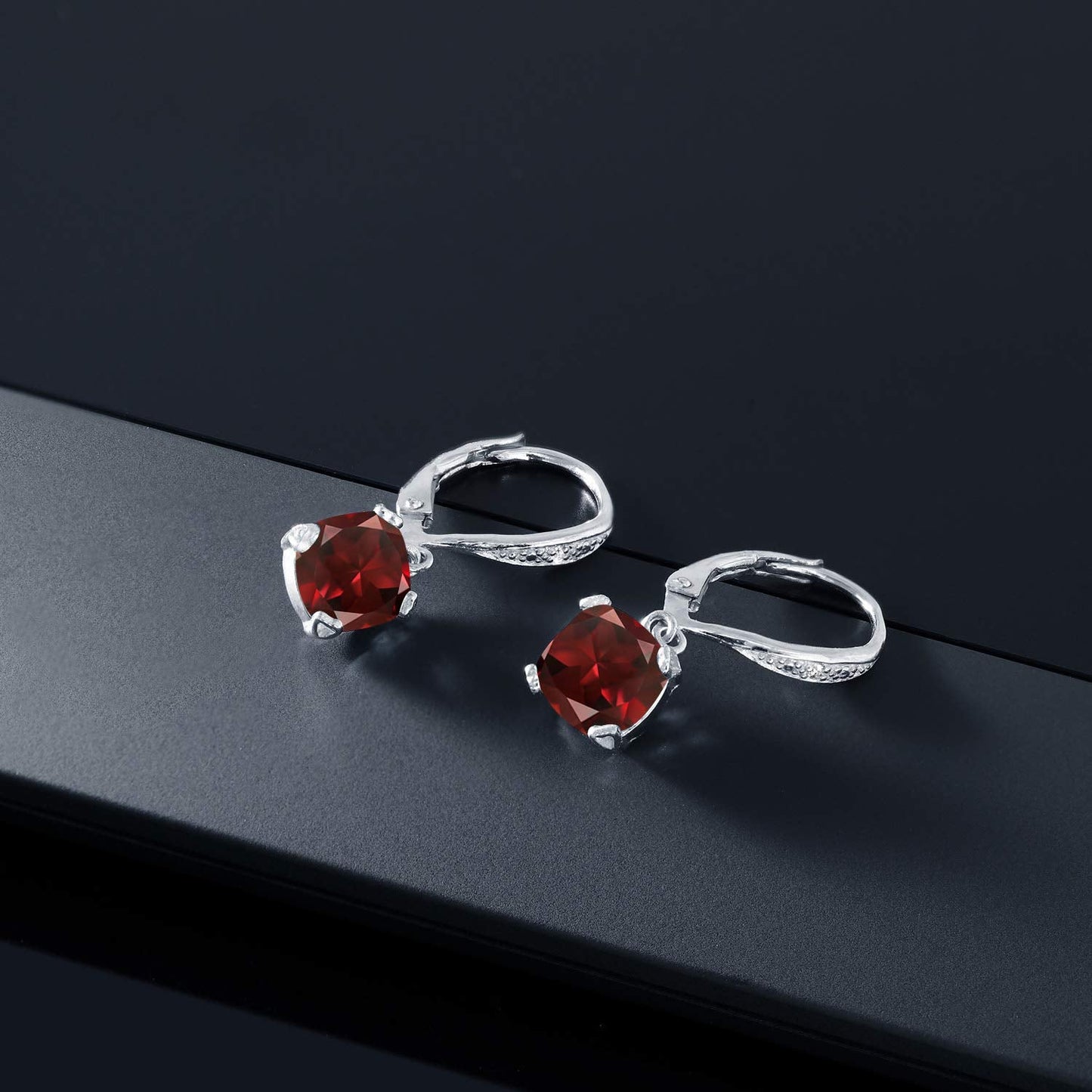 Gem Stone King Drop Dangle Earrings For Women | 7MM Cushion Cut Gemstone Birthstone and Diamond | 925 Sterling Silver | Jewelry Gift for Mom Wife Her | Garnet-January | Sterling Silver
