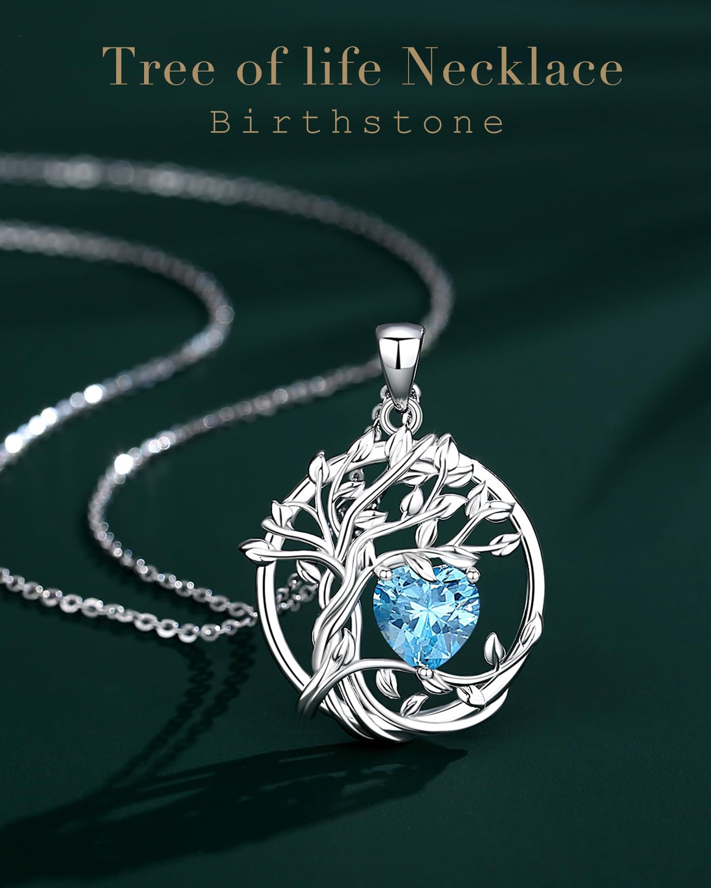 FANCIME Tree of life Birthstone Necklace for Women Sterling Silver Tree Jewelry Aquamarine Pendant March Birthstone Blue Gemstone Anniversary Birthday Christmas Gifts for Wife Mom Her