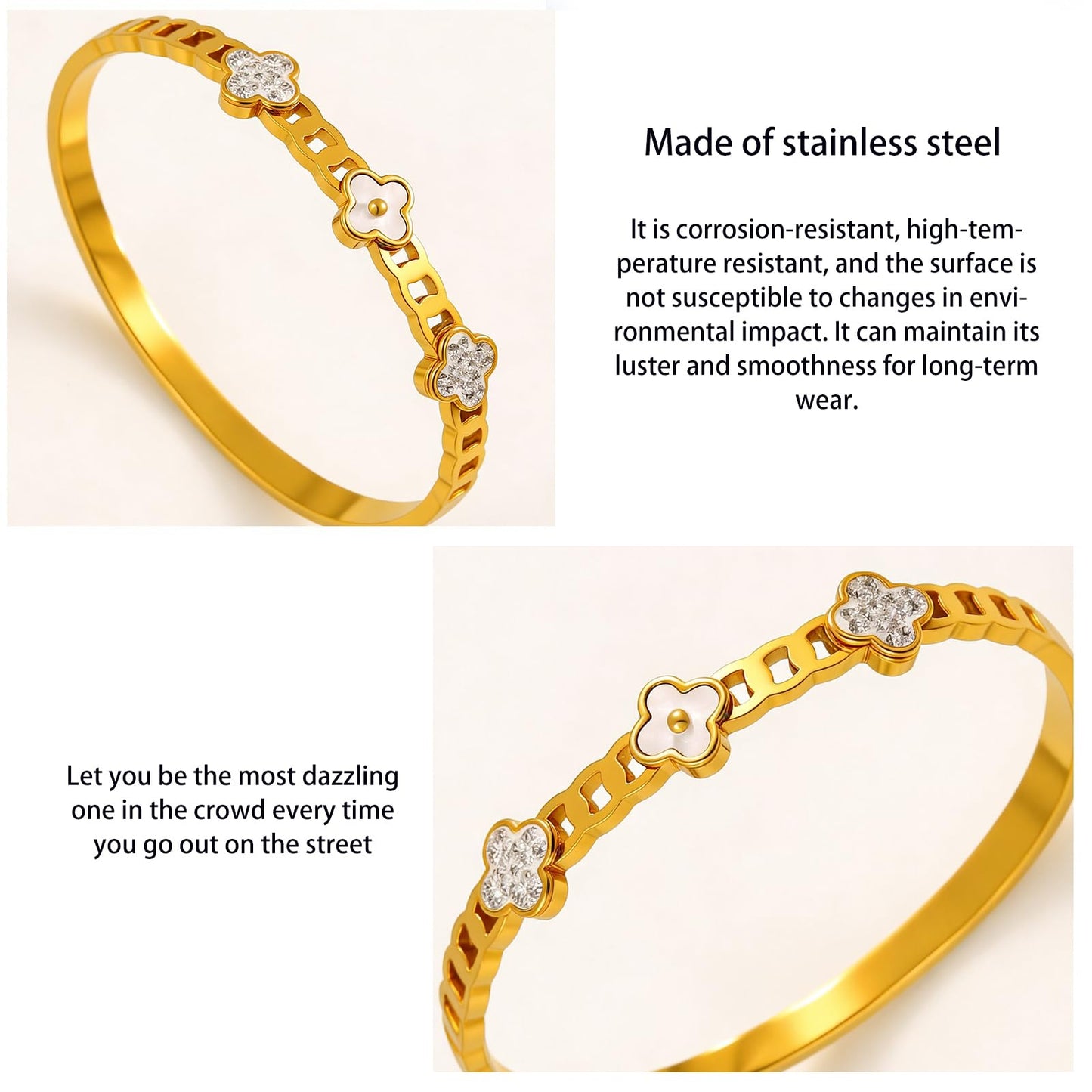 Vbvbip 18K Gold Plated 316L Stainless Steel Bracelet Collection - 12 Unique Designs + Matching Diamond-Accent Titanium Steel Petals Chain, Gift for Women