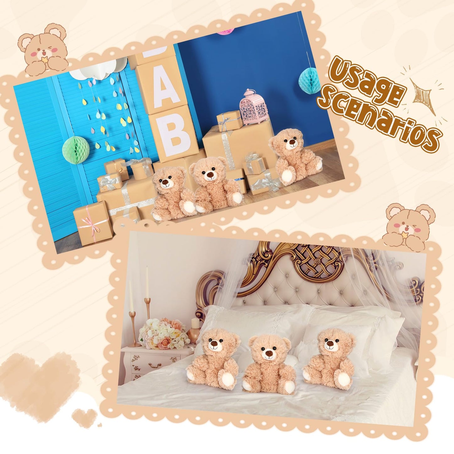 Jenaai 8 Pcs 10 Inch Bear Stuffed Animals Bulk Cute Baby Shower Small Plush Bears Party Favors for Baby Shower Wedding Birthday Graduation Centerpiece Decoration(Stylish,Light Brown)