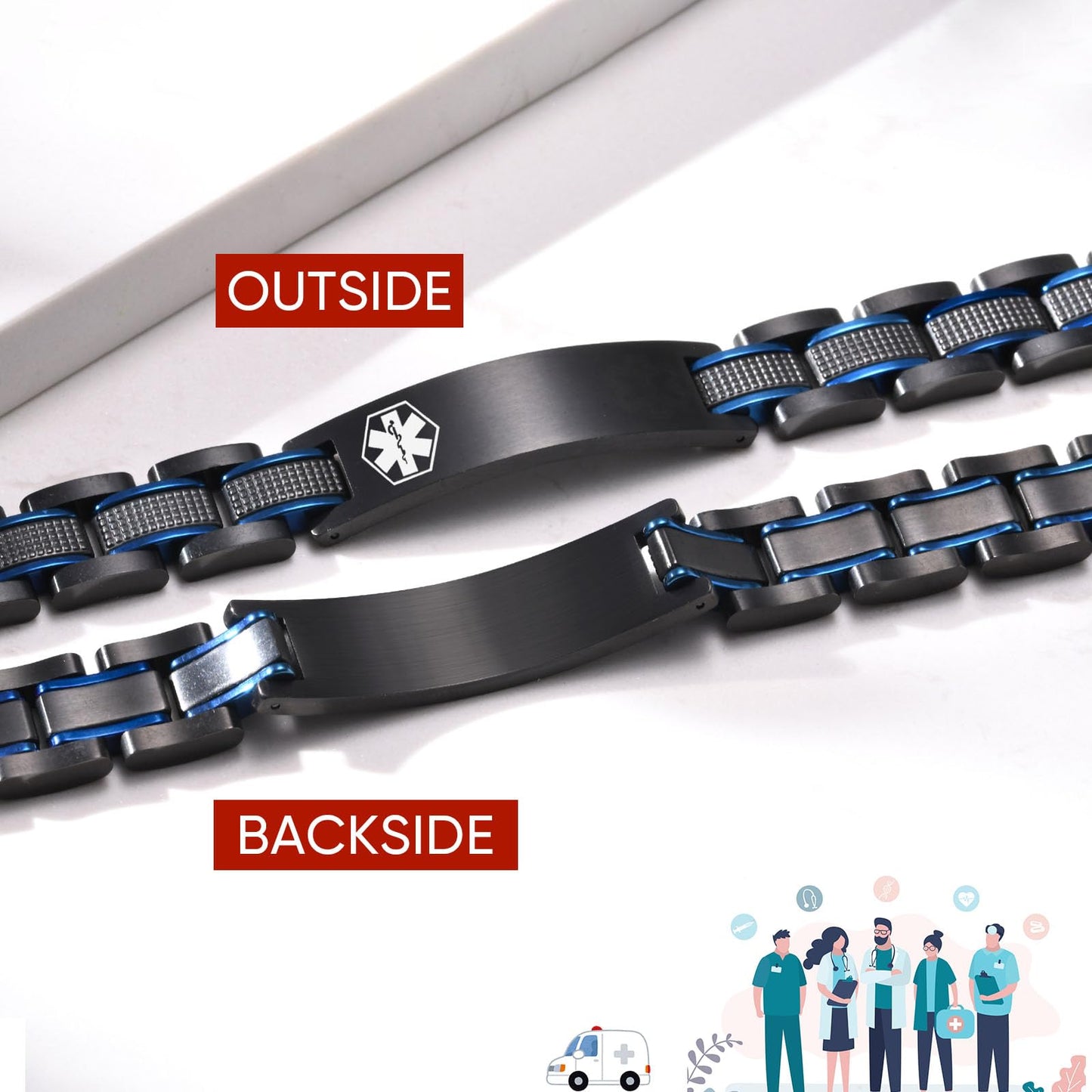 Free Custom Engraving Medical ID Bracelet 2-Tone Blue Black Titanium Steel Masculine Elaborate Men's Medical Alert Bracelet Wristband Jewelry for Dad Husband Customizable & Waterproof