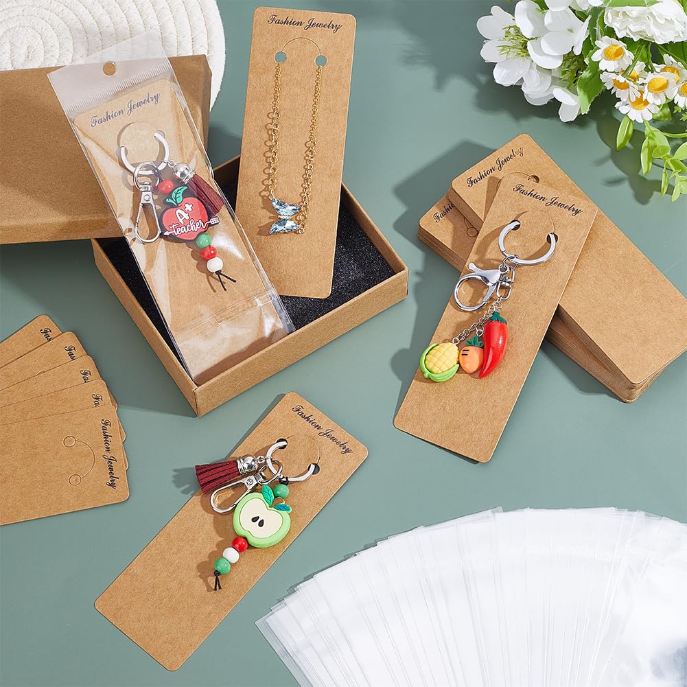 PH PandaHall 120 Sets Keychain Display Cards with Self-Sealing Bags, 5.9x2 Inch/ 15x5.3cm Long Keychain Cards Holder Paper Keyring Display Holder for Displaying Keyring Keychains Jewelry, Burlywood
