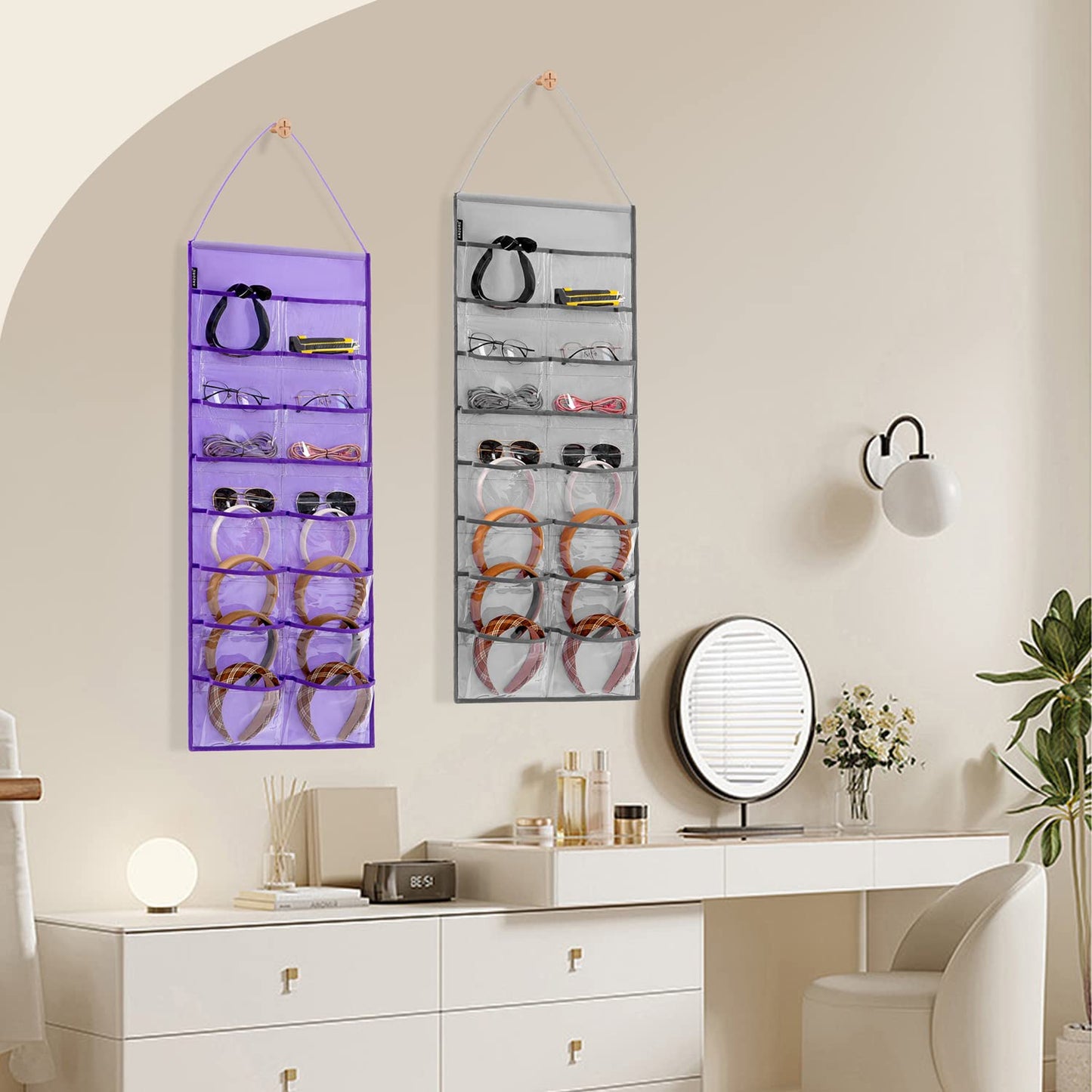 ANZORG Wall Hanging Headband Organizer Ribbon Hair Hoops Storage Hairbands Hair Accessory Holder with Clear Pockets (PURPLE-16 POCKETS)
