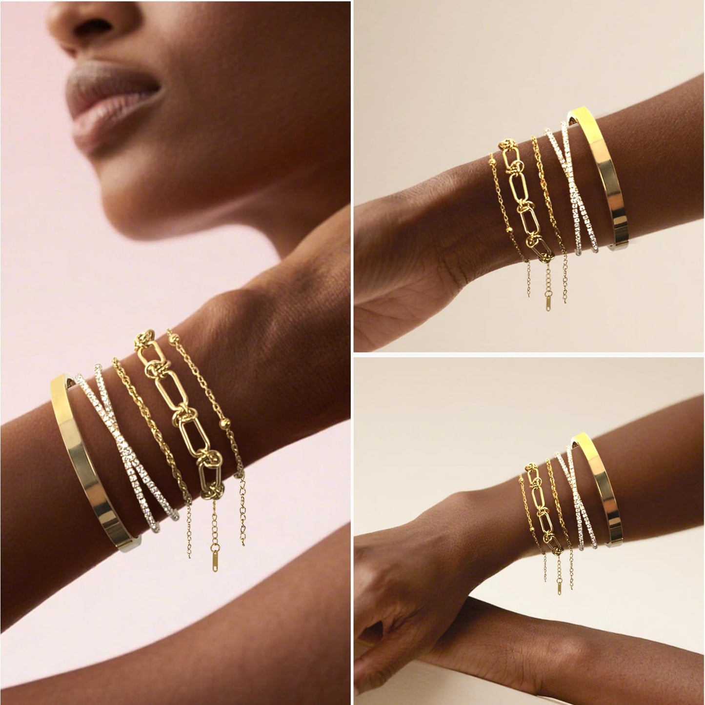 Gold Bracelets for Women, Exquisite 18K and 14K Real Gold-Plated Bracelet Stacking Sets, Waterproof Cuban Chains, Paperclip Chain , Cuff Bangles, Non Tarnish,Jewelry Gifts for Women (18Kzuan5)