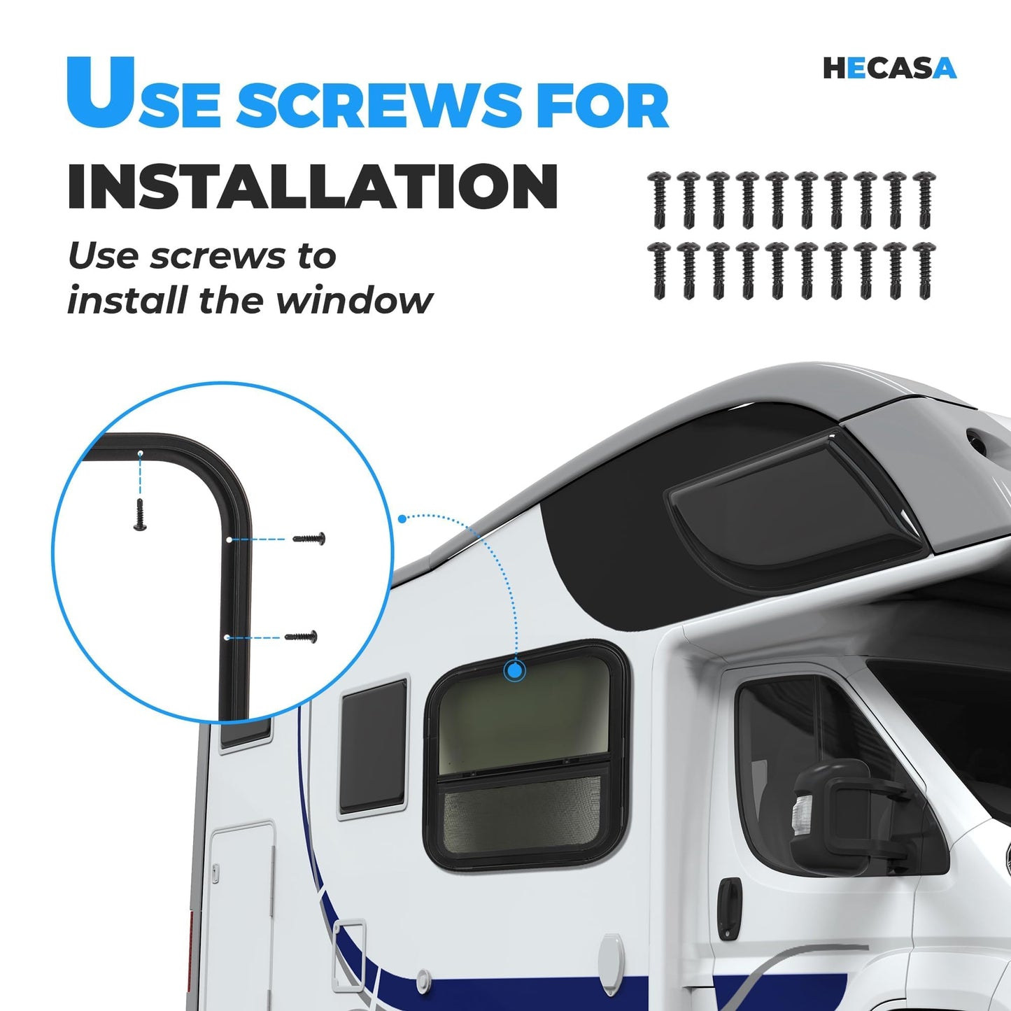 HECASA RV Sliding Window 17.5" X 15.5" w/Mesh Screen & Trim Ring For Vertical Trailers, Motor Homes, Engineering Vehicles Side Window Replacement Tempered Glass Aluminium Black 2Pcs