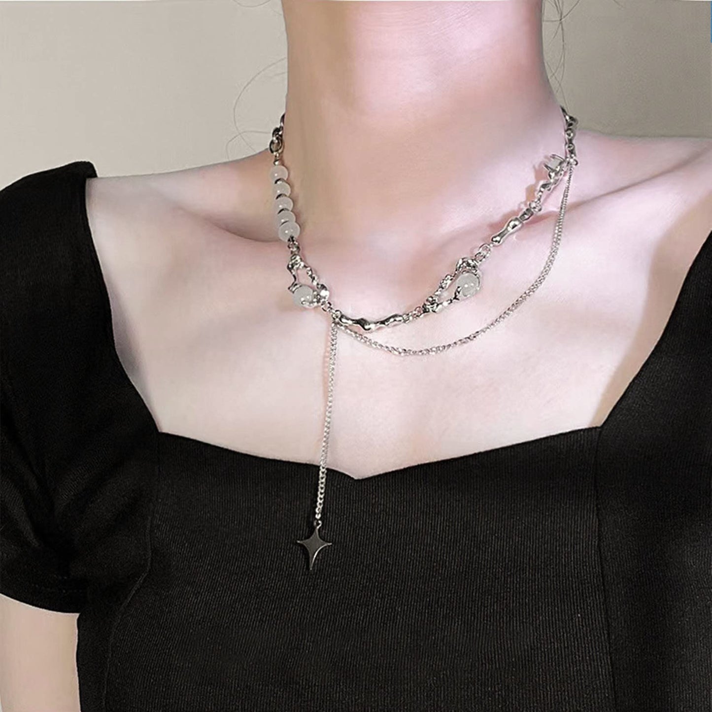 Buyongwant Y2k Irregular Necklace Star Zircon Moonlight Stone Advanced Design Sense Collar Chain Women's Fashion Silver Jewelry for Women