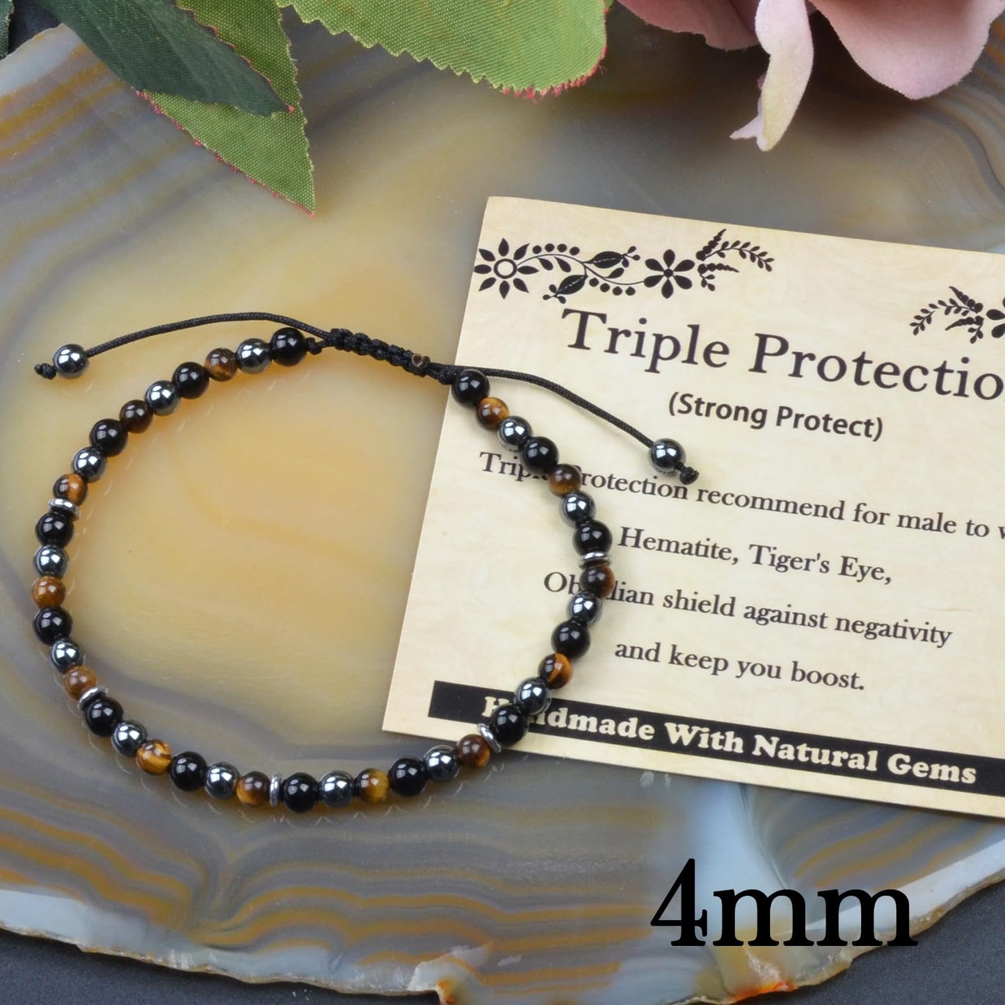 CHCCOYE 4mm Handmade Adjustable Natural Gemstone Crystal Bracelet Healing Power Energy Inspirational Gifts with Card for Unisex (Triple Protection)