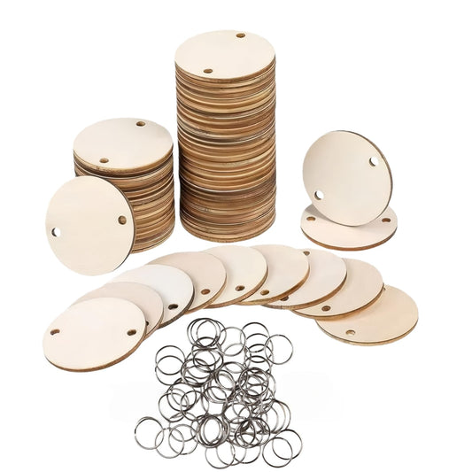 50 Wood Rounds and 50 Key Rings Wooden Circle Discs with 2 Holes and Ring Clips for Birthday Board Tags, Homemade DIY Gifts, Arts and Crafts (2" Inch)