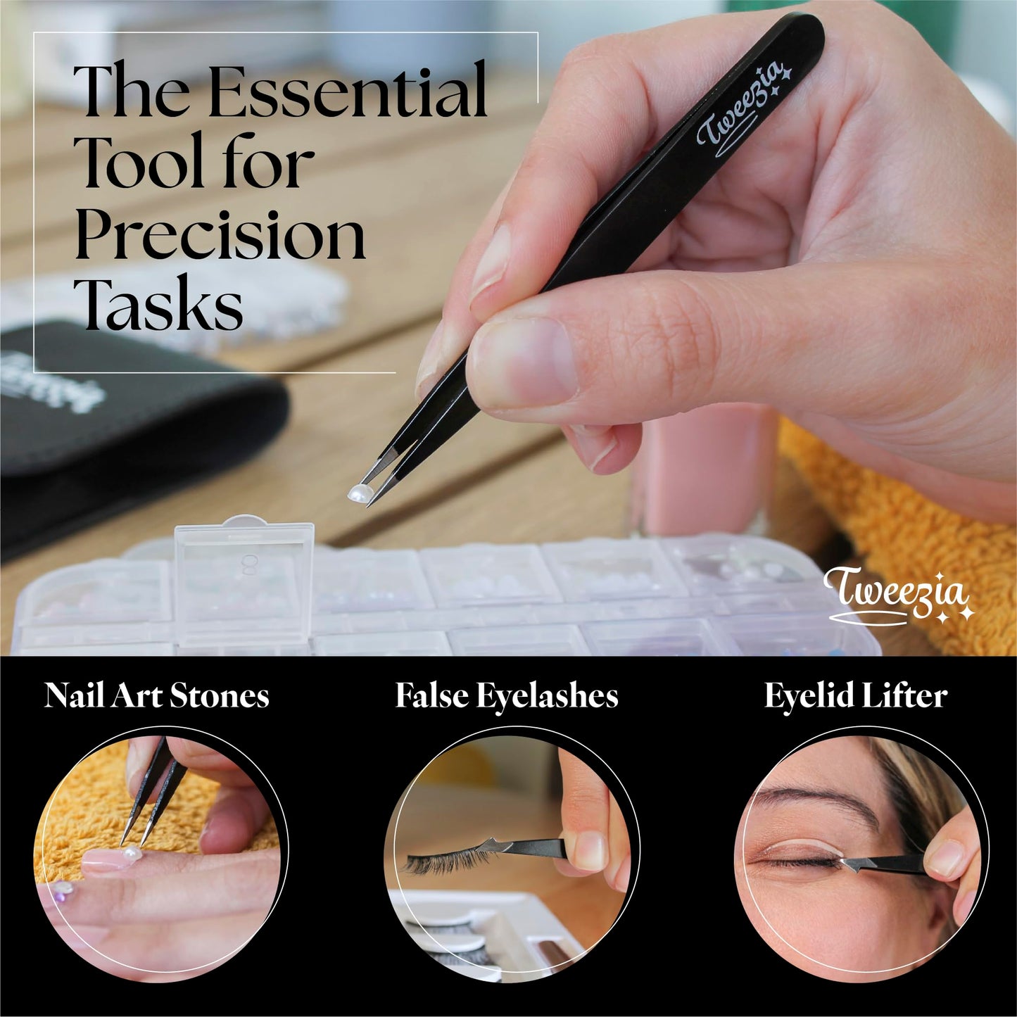 TWEEZIA Stainless Steel Tweezer Set - 4 Precision Tweezers with Mirror & Leather Case - Ideal Eyebrow Kit, Ingrown Hair Tweezers, Splinter Removal Kit or Pointed Tweezers for Beauty and Personal Care