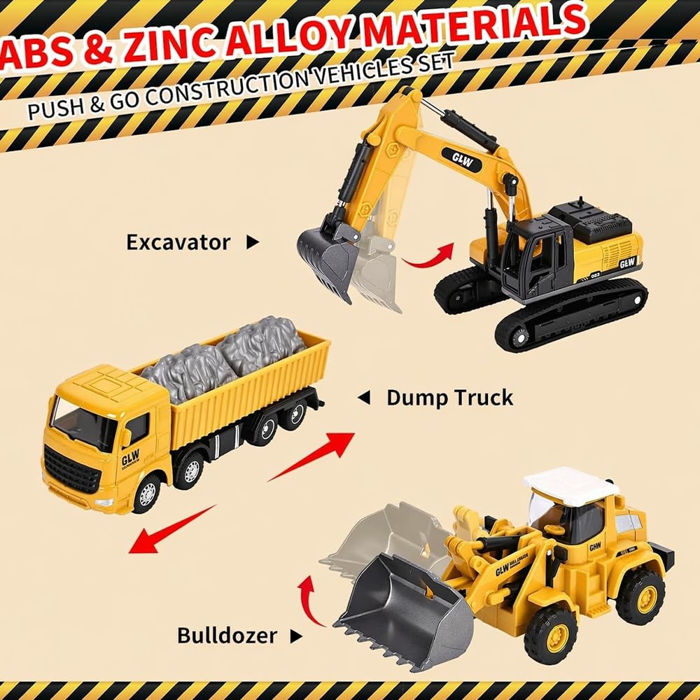 Unimoly Alloy Mini Construction Vehicles, 3Pcs Die-cast Metal Toy Set with Pull Back Action - Excavator, Dump Truck, Bulldozer for Toddlers & Kids 3 4 5 6 7 Years Old Boys Toys