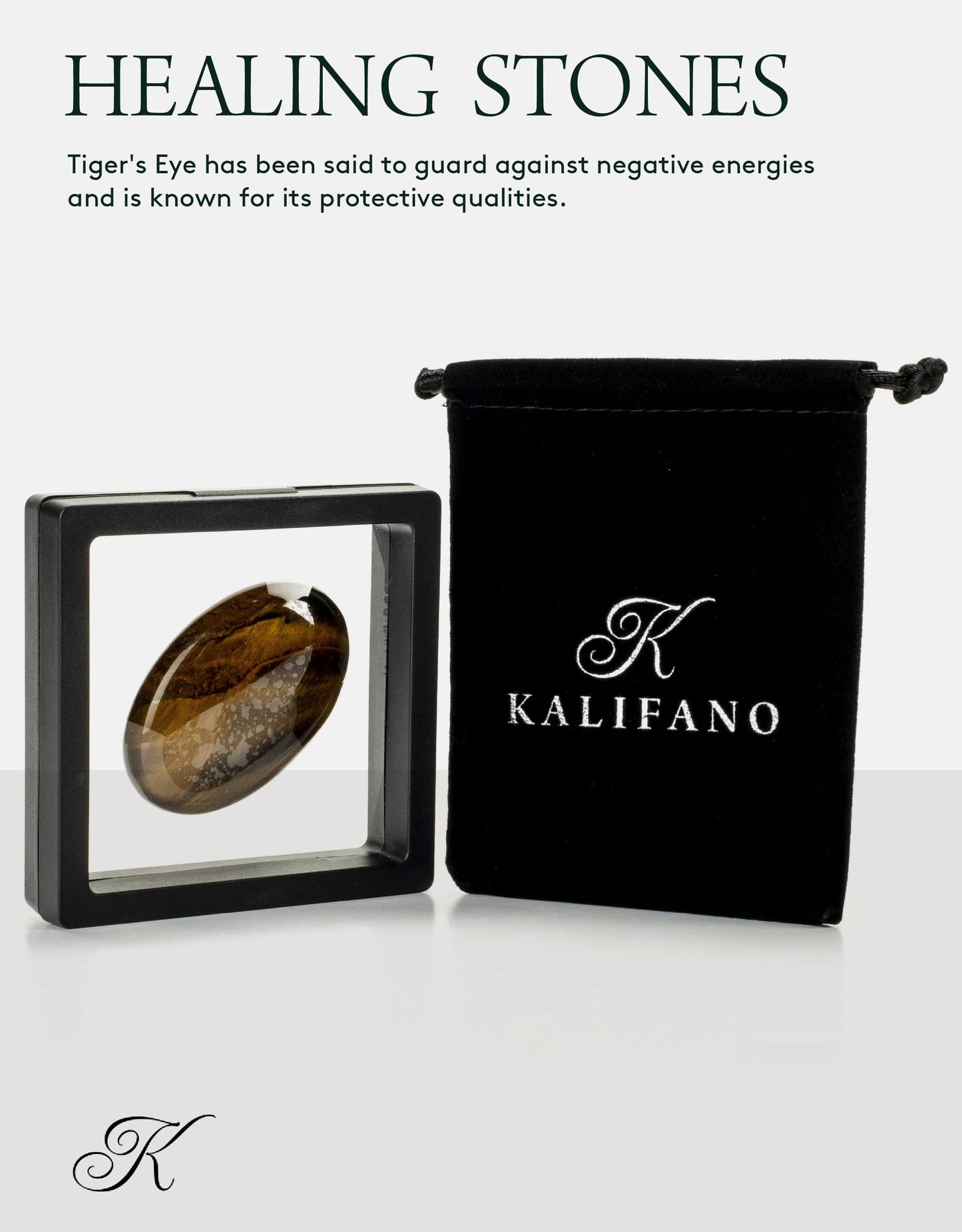 KALIFANO Tiger Eye Palm Stone with Healing & Calming Effects - High Energy Ojo De Tigre with Information Card - Reiki Worry Crystal Used for Willpower and Luck (Family Owned and Operated)