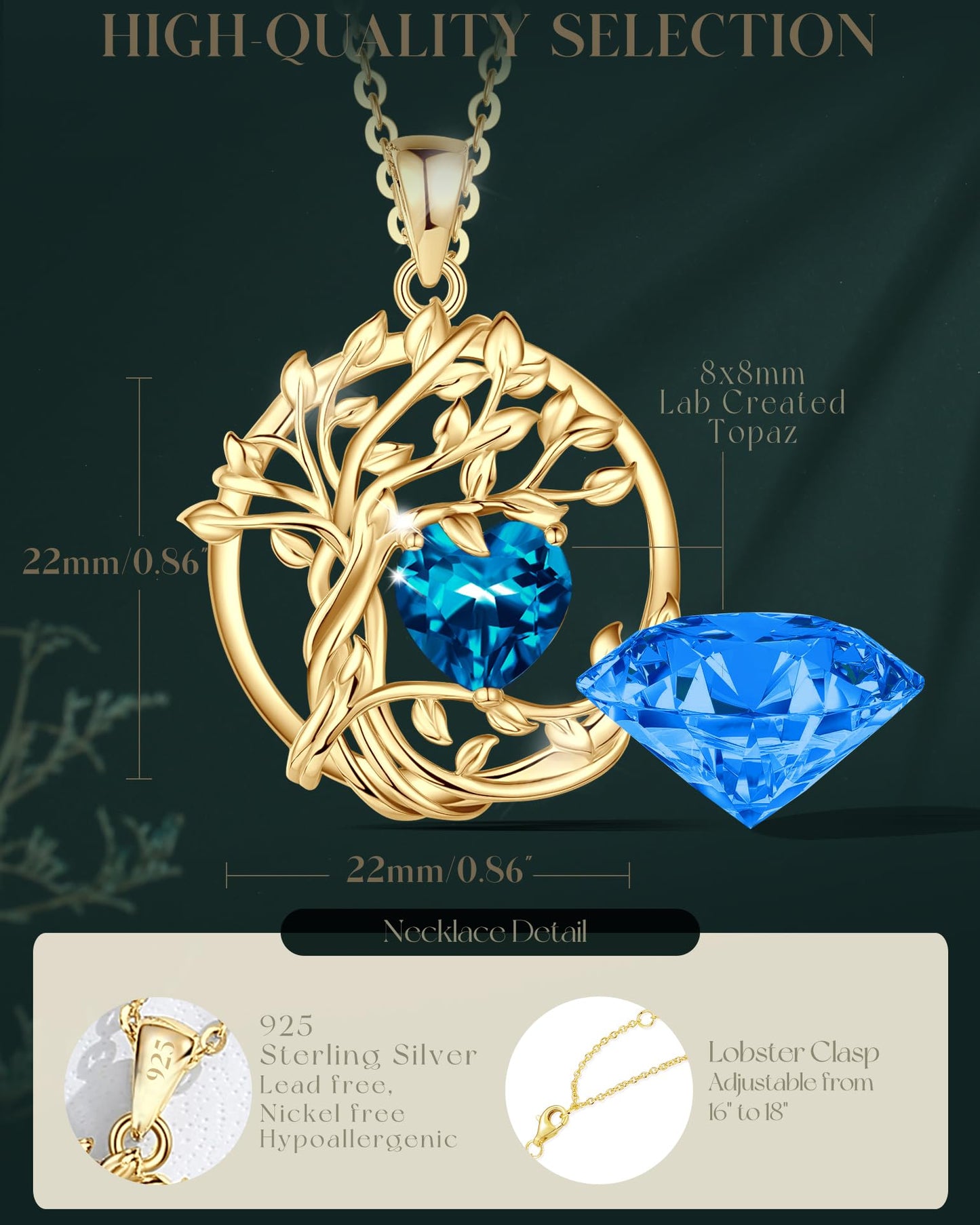 FANCIME Tree of life December Birthstone Necklace for Women Sterling Silver Yellow Gold Plated London Blue Topaz Pendant November Birthday Jewelry Mothers Day Gifts for Wife Mom Her
