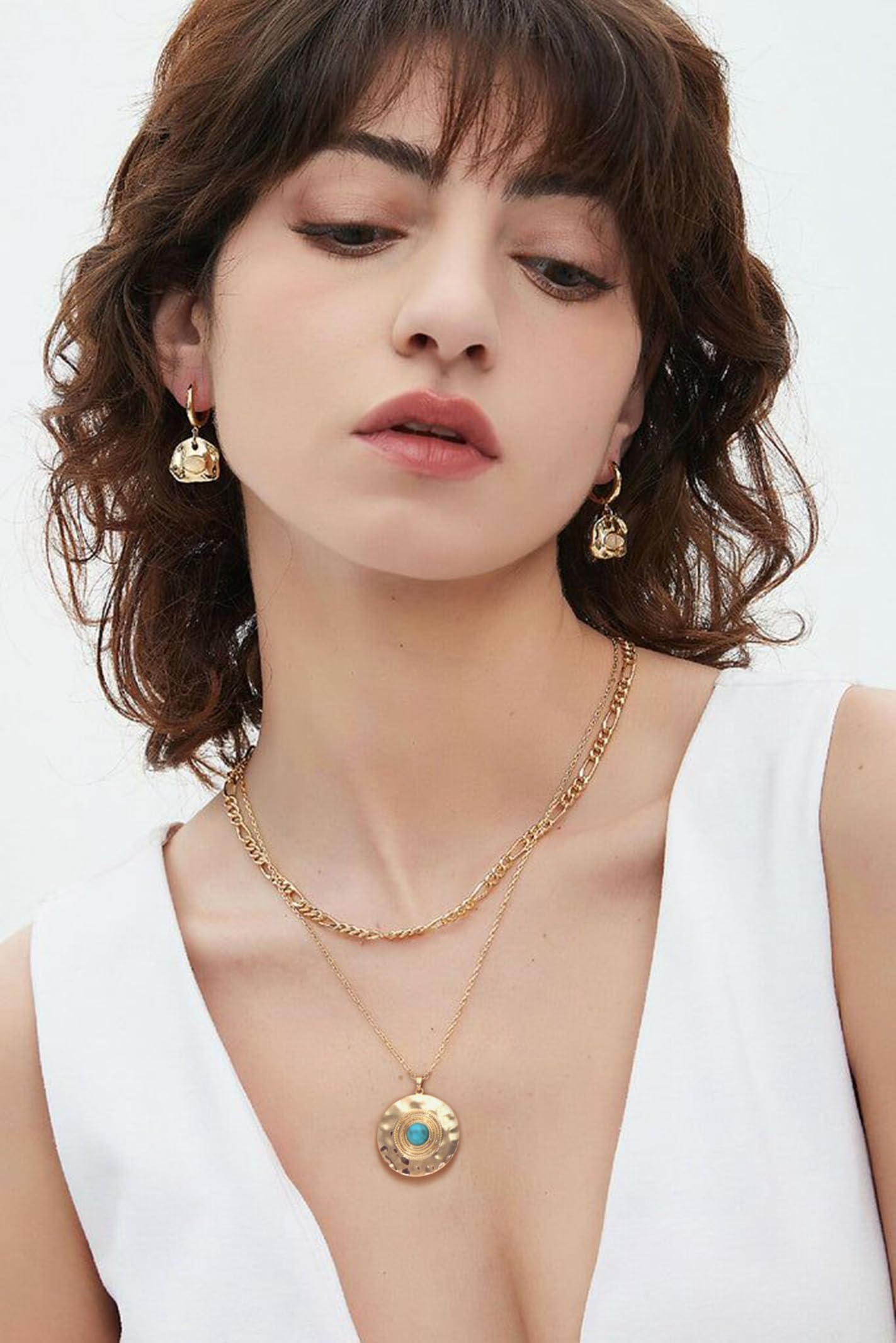 CANEVINKA 18K Gold Plated Bohemian Turquoise Pendant Necklace for Women Hammered Texture Coin Necklace Jewelry