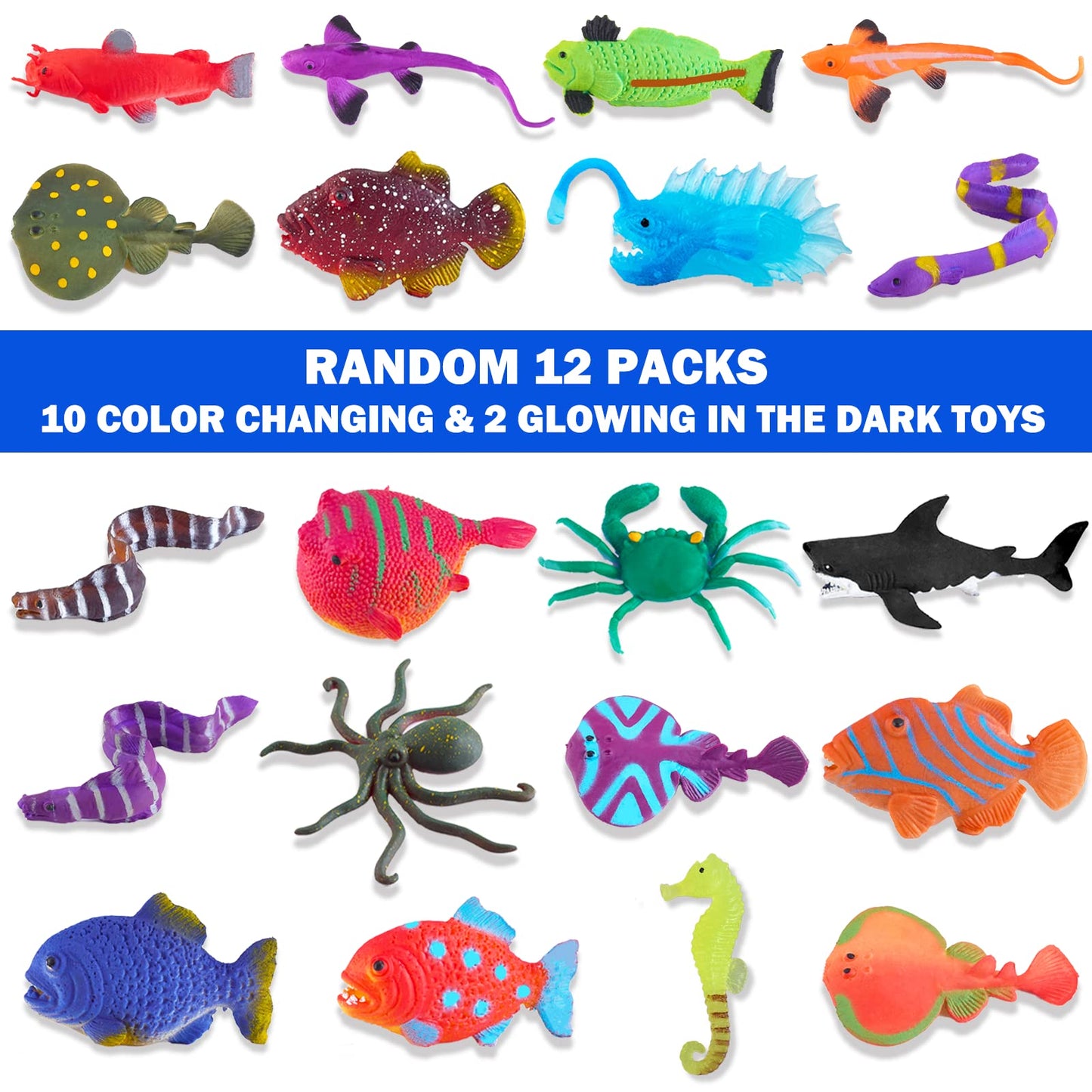 Color Changing No Hole Bath Toys for Kids Toddlers, Color Change Water Table Bathtub Toys Sea Creatures Rubber Fish for Kids & 2 Glow in The Dark Ocean Animal with Bath Book
