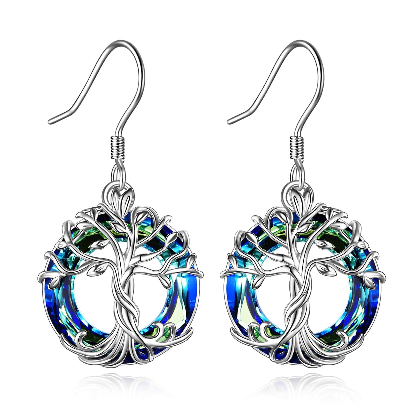TOUPOP Tree of Life Earrings for Women Sterling Silver Family Tree Drop Dangle Earrings Blue Circle Crystal Jewelry Birthday Mothers Day Gifts for Women Mom Her
