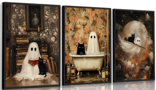 3Pcs Halloween Ghost Wall Art Funny Gothic Moody Ghosts and Black Cat Painting Picture Wall Decor Reading Horror Dark Academia Poster Print Artwork for Bathroom Livingroom Home Decoration noframe