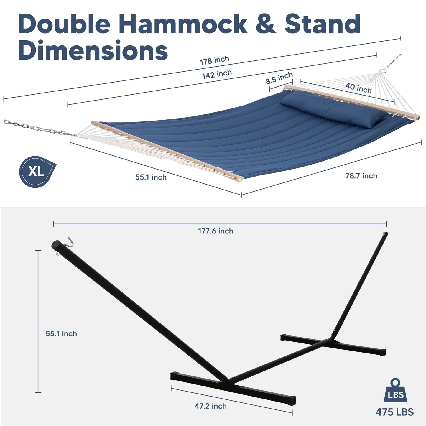 SUNCREAT 2 Person Free Standing Hammock with 15 ft Stand, 475 lbs Capacity, Backyard Hammock with Stand, Navy