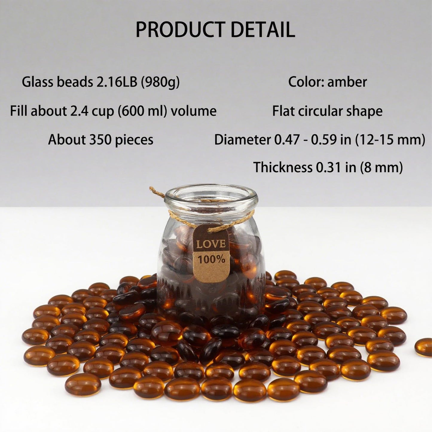 ginojex 2.16LB Glass Beads Vase Filler Aquarium Gravel Decor Flat Glass Marbles Gems Pebbles Fish Tank Rocks Home Decorative Art Craft - Amber