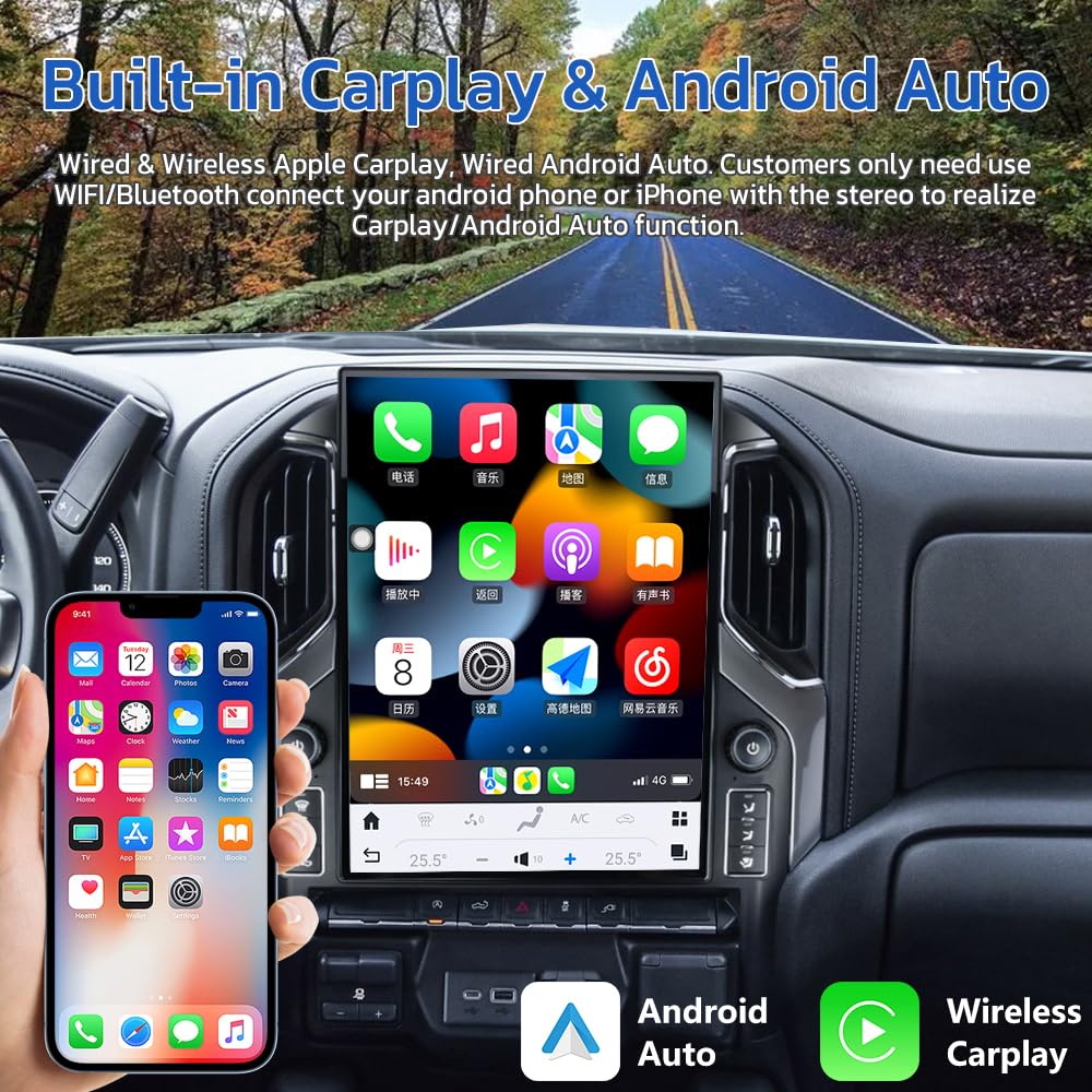 15.6 Inch Touch Screen Android Car Radio for GMC Sierra Chevrolet Silverado 2019 2020 2021 2022 2023 Head Unit Wirless Carplay GPS Navigation Screen Upgrade Multimedia Player Android Auto