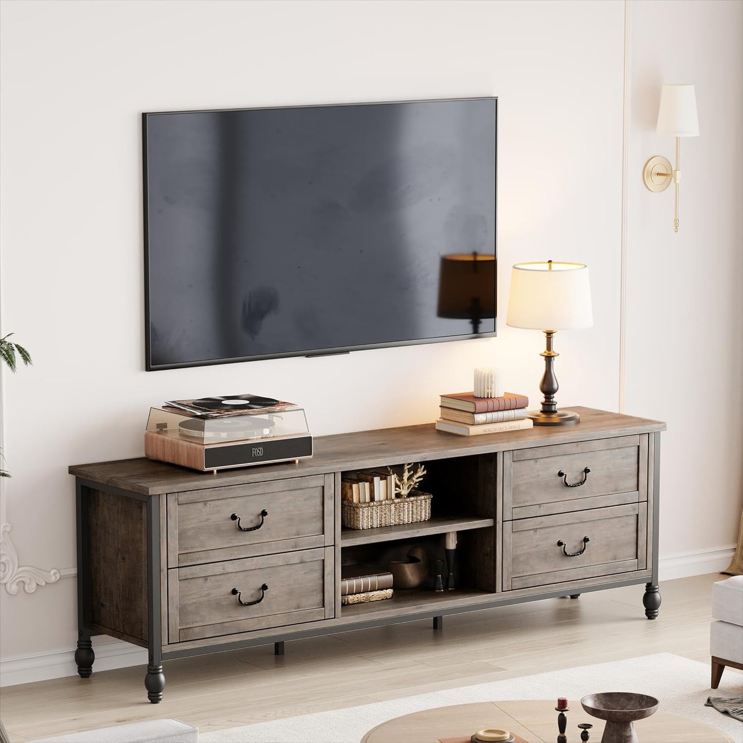 CABIHOME 70 Inch Mid-Century Modern TV Stand with Storage, Entertainment Center Featuring Metal Roman Columns and Drawer, TV Console Table for Living Room