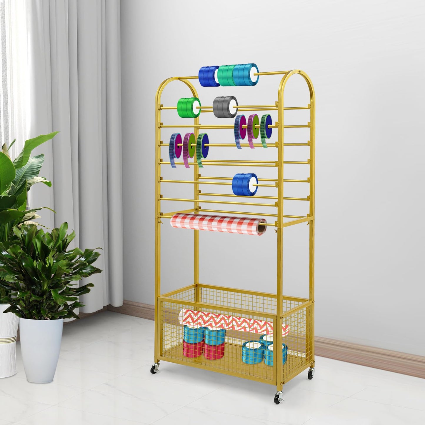 JOMCYDM Black Double-Sided Vertical Ribbon Holder Organizer Rack with Wheels 15 Rod Metal Ribbon Storage Organizer Rack for Fabric Craft Room Wrapping Paper (Gold)