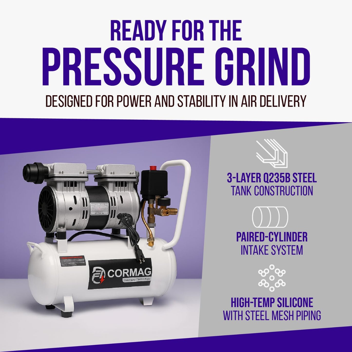 Brevix 6.3 Gallon Ultra Quiet Air Compressor, 2HP 3.35 CFM@ 90PSI Pressure | 2800 RPM Oil-Free Portable Steel Tank filled in 60s, 60dB Quiet Compressor for Airbrush, Tire Inflation & Tools, 110V/60hz