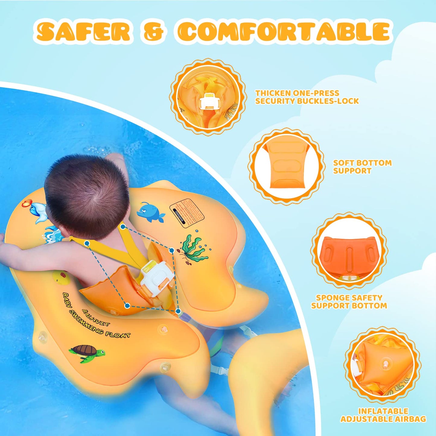 No Flip Over Baby Pool Float with Canopy UPF50+ Sun Protection, Sponge Safety Support Bottom, Fun Gifts Water Toys Accessories Inflatable Baby Swim Floats for Pool 3-36 Months