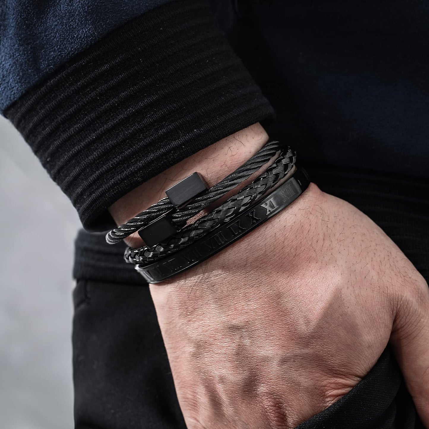 WFYOU 3PCS Stainless Steel Bracelets for Men Gold Roman Numeral Bangle Bracelet Twisted Cable Bracelet Adjustable Cuff Bracelet Mens Luxury Jewelry Bracelets Gifts
