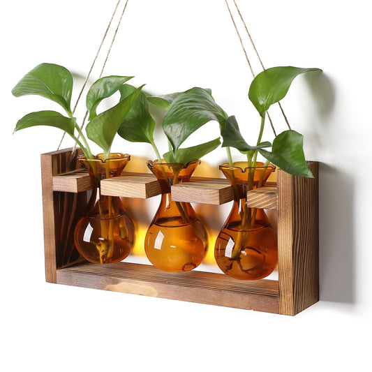 Plant Propagation Station Plant Terrarium Unique Birthday Gifts for Women Home Office Decor Planter with Wooden Stand - 3 Bulb Glass Vase
