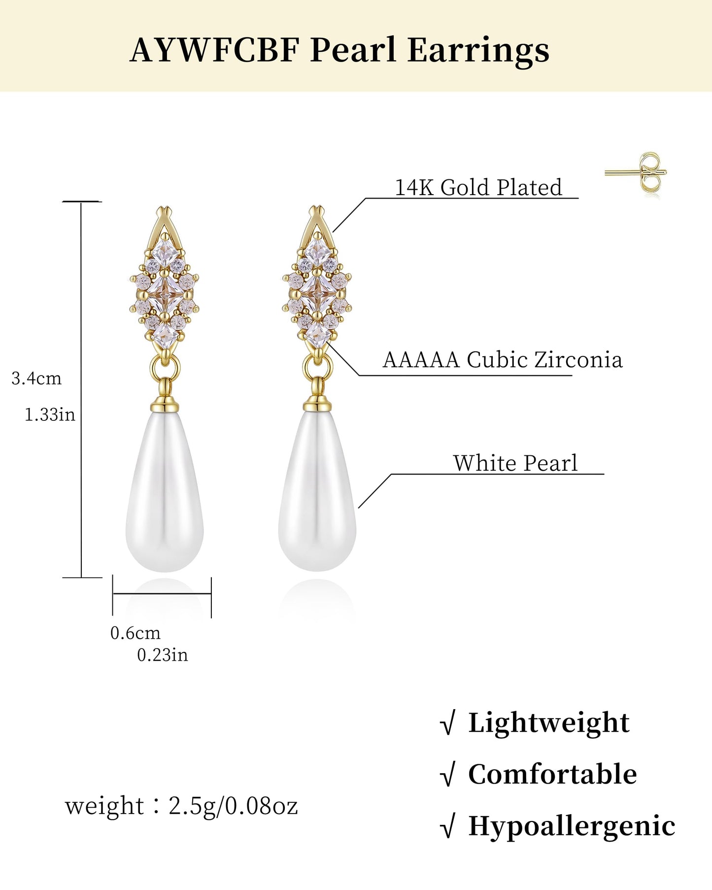 Pearl Earrings for Women, Hypoallergenic Silver Cubic Zirconia Pearl Dangle Earrings Bridal Shower Gifts Wedding jewelry for Women