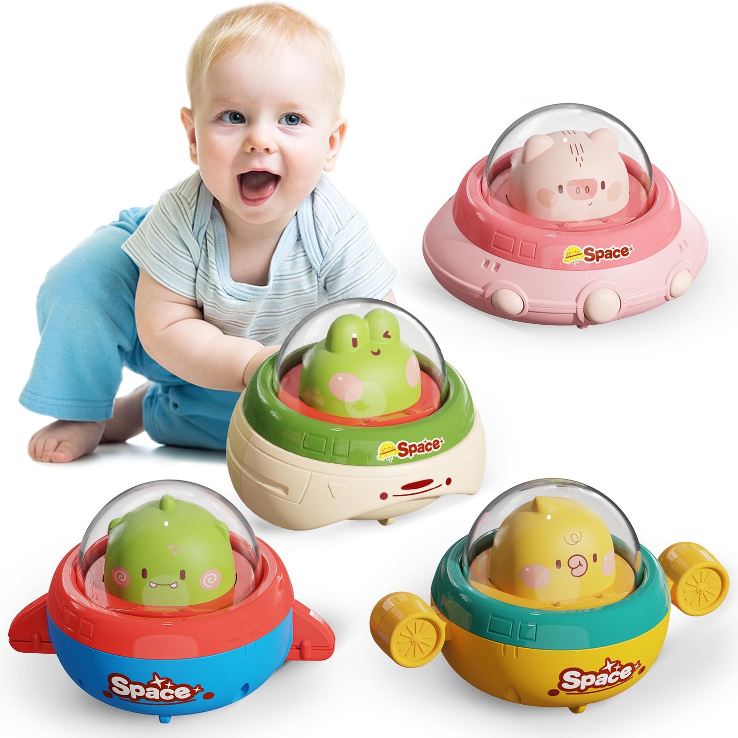 NUMBERFUN 4PCS Animals Car Toys for Toddlers 1-3,Press and Go Car Toys for Ages 0-2,Baby Toys 6-12-18 Months,Spaceship 1 Year Old Boy Toys,First Birthday Gifts Toddler Toys for 1 Year Old Boy & Girl