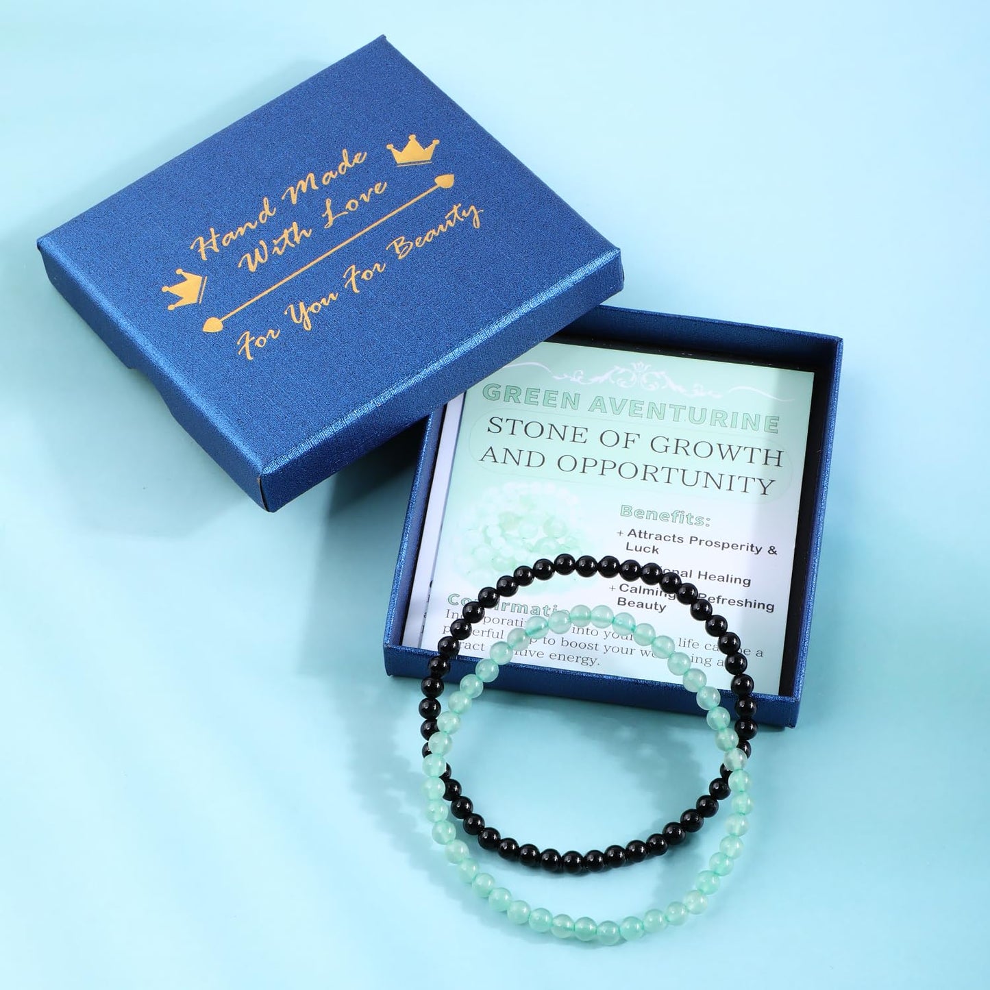 NCB 2-Piece 4mm Natural Crystal Gemstone Stretch Bracelets – ﻿Black Onyx, Green Aventurine Handmade Reiki Energy Healing Jewelry for Meditation,Yoga, Unisex