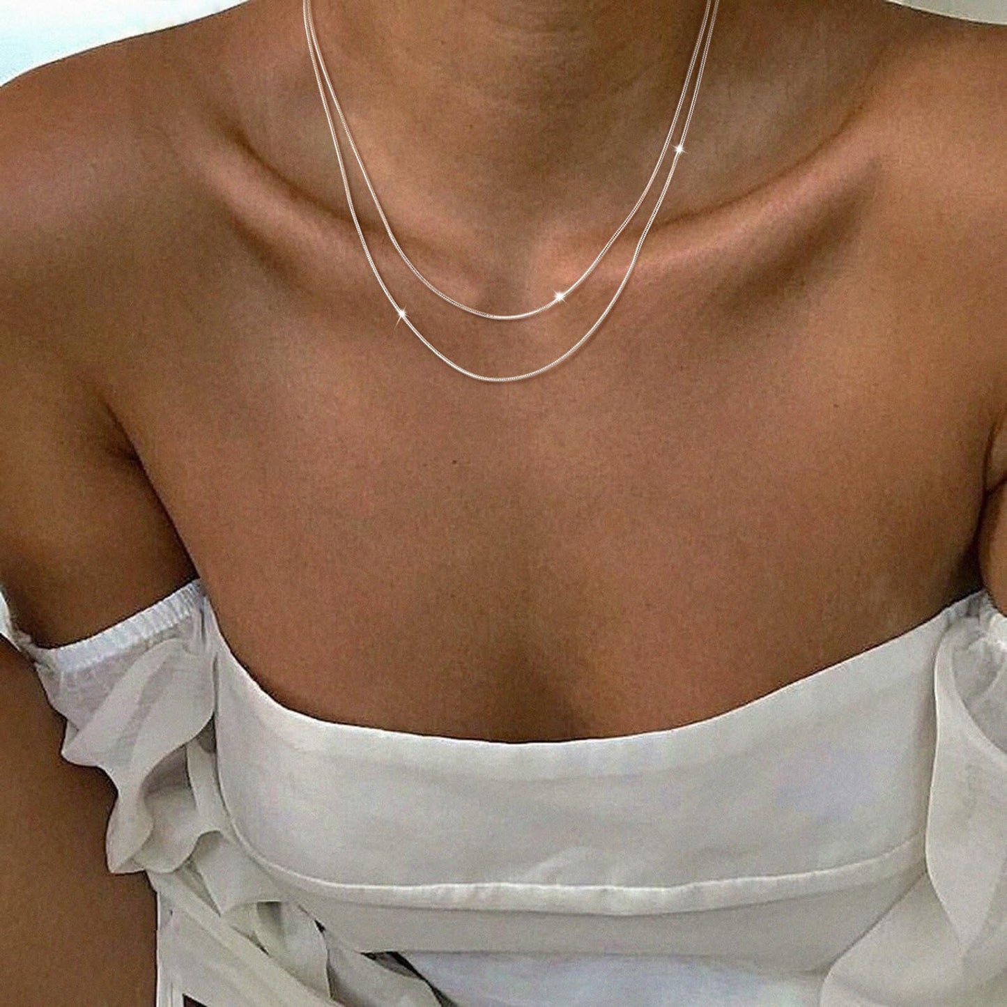MBW Dainty Layered Necklaces for Women, Simple Silver Plated Thin Snake Chain Necklace for Women Sterling Silver Stacked Herringbone Choker Necklace Silver Jewelry Sets for Women