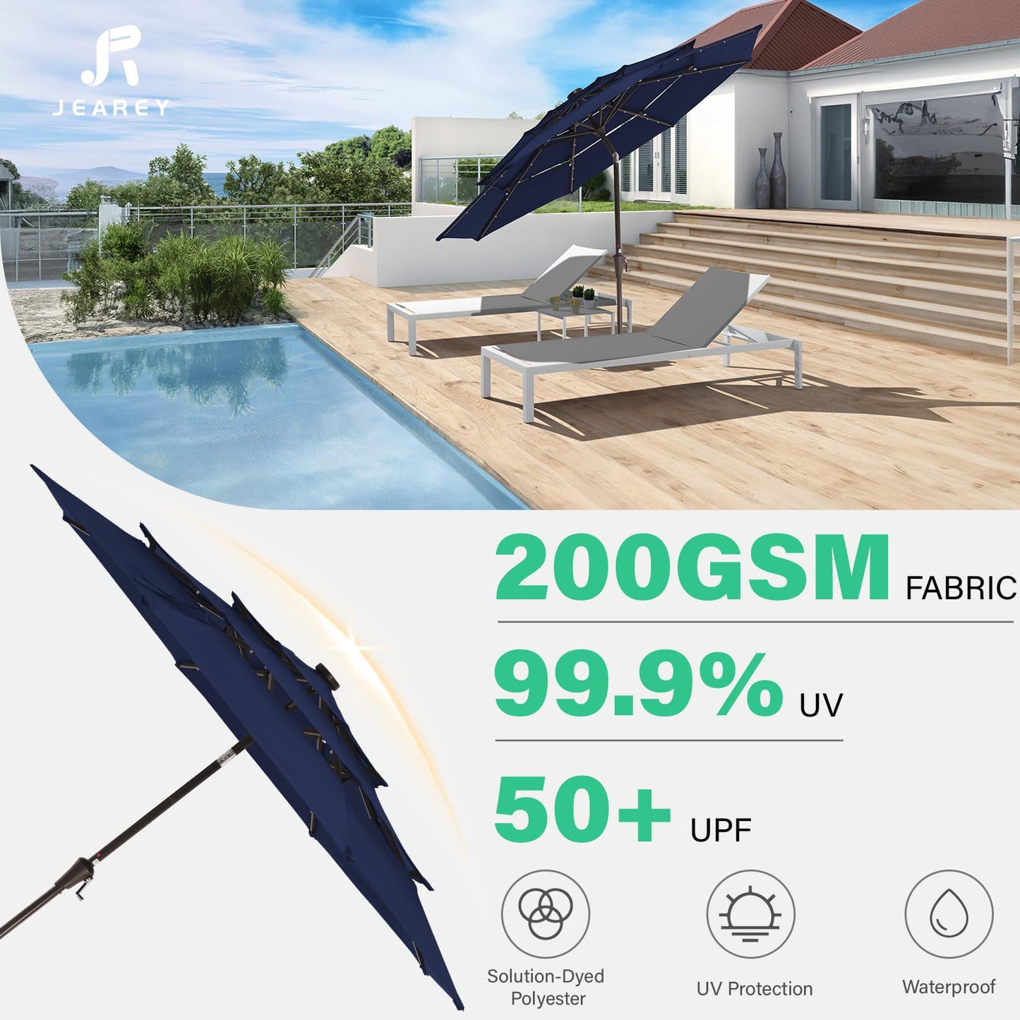 JEAREY 3 Tiers Patio Umbrella with Solar Lights 9ft Outdoor Market Table Umbrellas with Push Button Tilt for Outside Pool Garden, Navy Blue