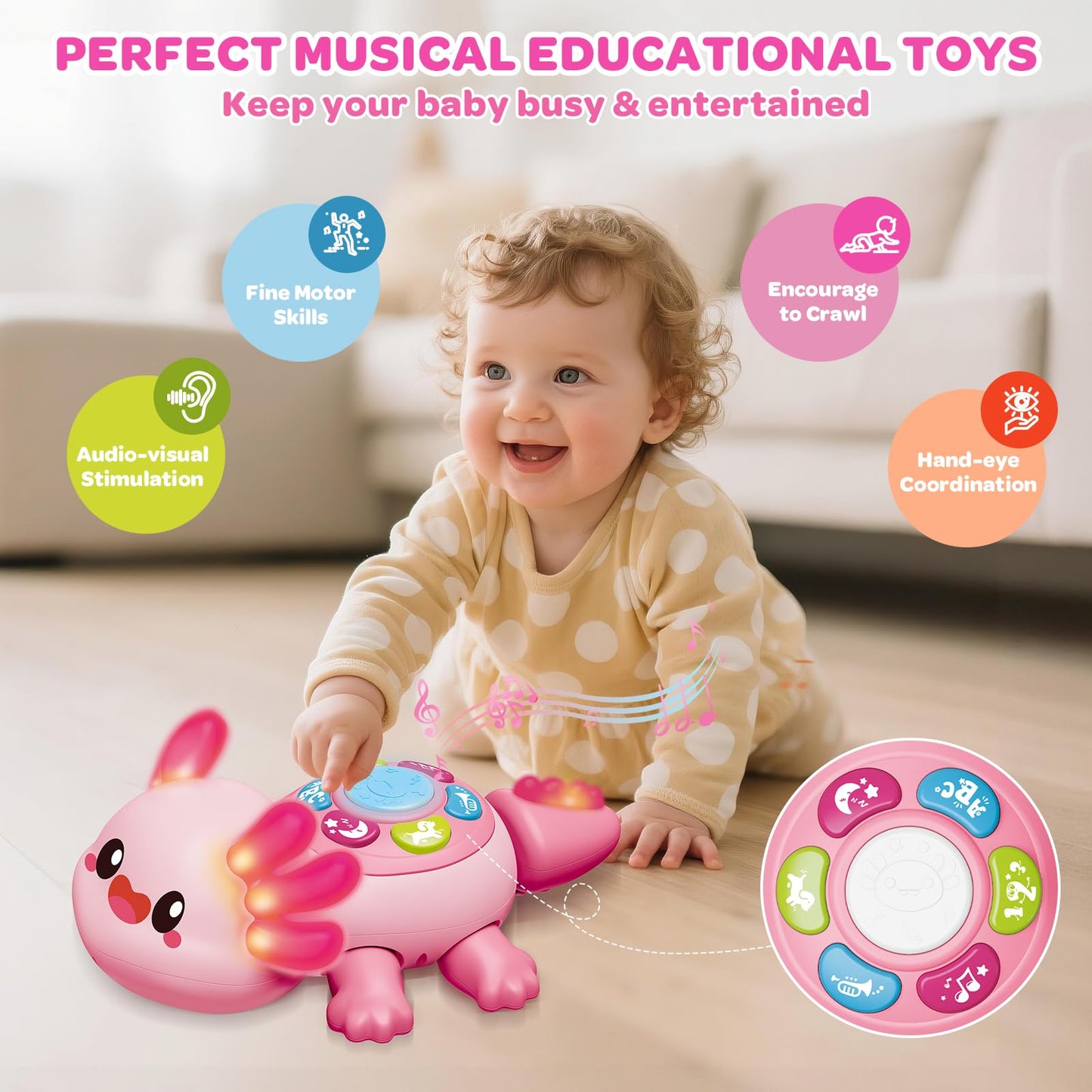 Baby Toys 6 to 12 Months, Light Up Tummy Time Toy for 12-18 Months, Crawling Axolotl Early Educational Musical Toy with Light, Christmas Birthday Gifts for Infant Baby 6-12 Month 1 2 Year Old