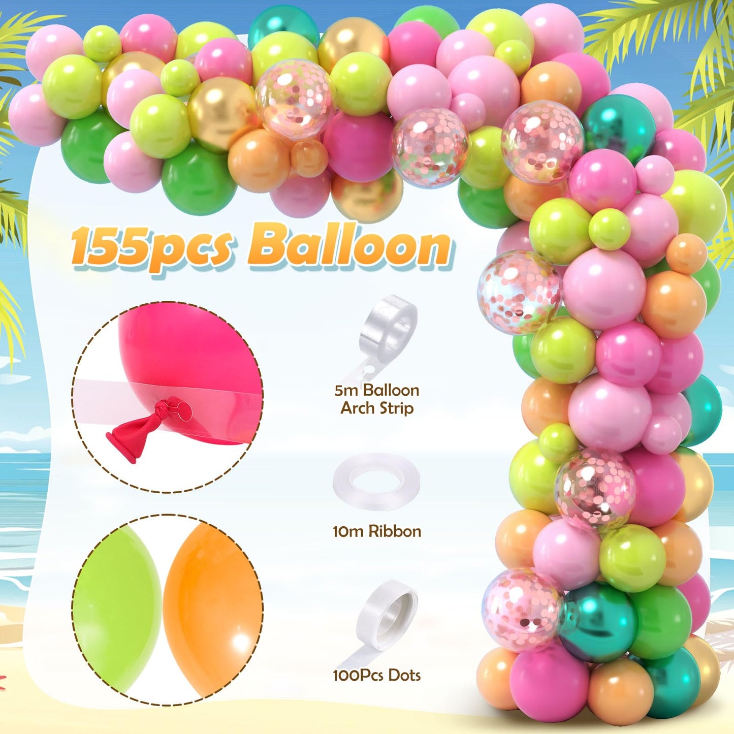 SNLN 178Pcs Tropical Luau Balloons Arch Garland Kit Hawaiian Party Decorations with Coconut Balloon Tree, Aloha Foil Balloons, Palm Leaves, Kids Adult Summer Beach Pool Luau Birthday Party Decorations