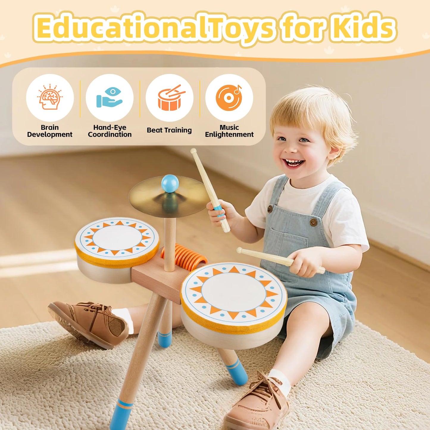 Toddlers Drum Set Toy for 3 Years Old ,Kids Wooden Jazz Drum for Toddlers Montessori Musical Instruments for Boy Girl, Percussion Set Baby Musical Toys, Birthday Gift for 3+ Kids Baby