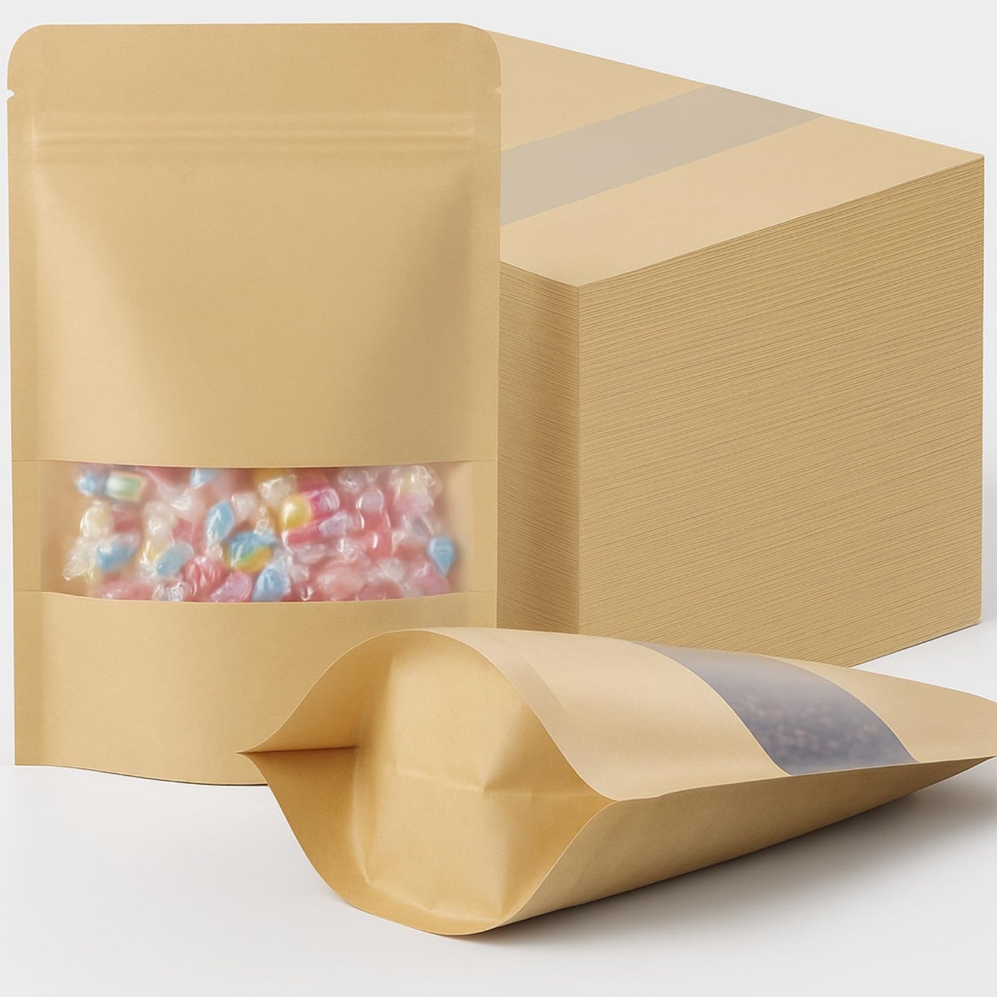 Geosar 150 Pcs Stand up Kraft Pouches with Window 8.5 x 12.5 Inch Kraft Paper Sealable Pouches with Notch Heat Sealable Resealable Bags for Small Business, Zipper Food Storage for Packaging, Snacks