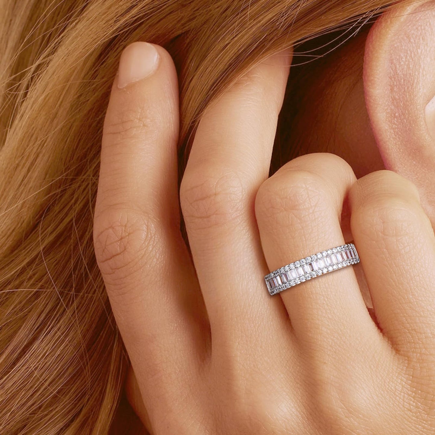 RANDES Cubic Zirconia Eternity Rings for Women Baguette Wedding Band 925 Sterling Silver Channel Set Lab Diamond Ring Size 6.5